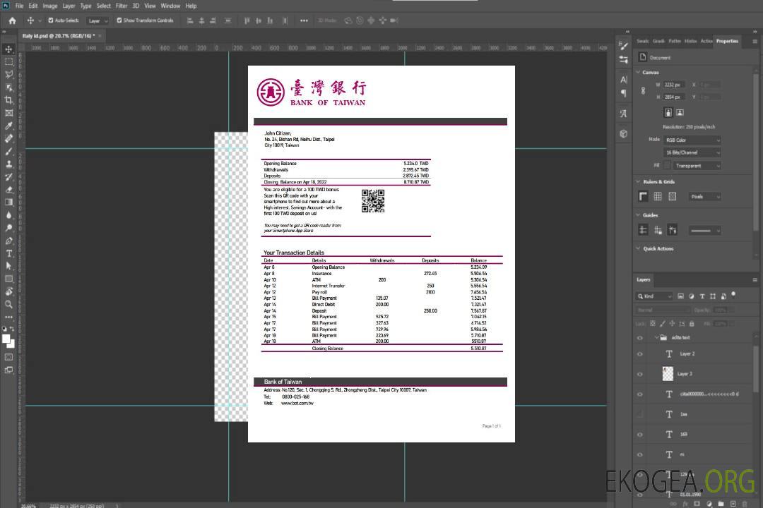 Relevé bancaire de la Banque de Taiwan de Taiwan template Relevé bancaire de la Banque de Taiwan de Taiwan template